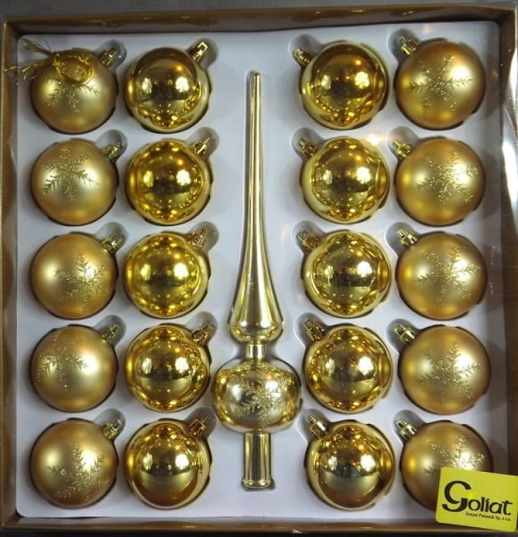 Elegantiškas 20 Auksinės Eglutės Papuošalų Rinkinys PLASTIKAS su VIRŠUNE NEBESILAUŽANTYS PAPUOŠALAI