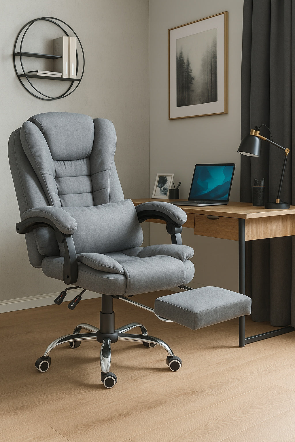 Biuro kėdė pilka su kojų atrama Patogi medžiaginė reguliuojama pilka NBR011