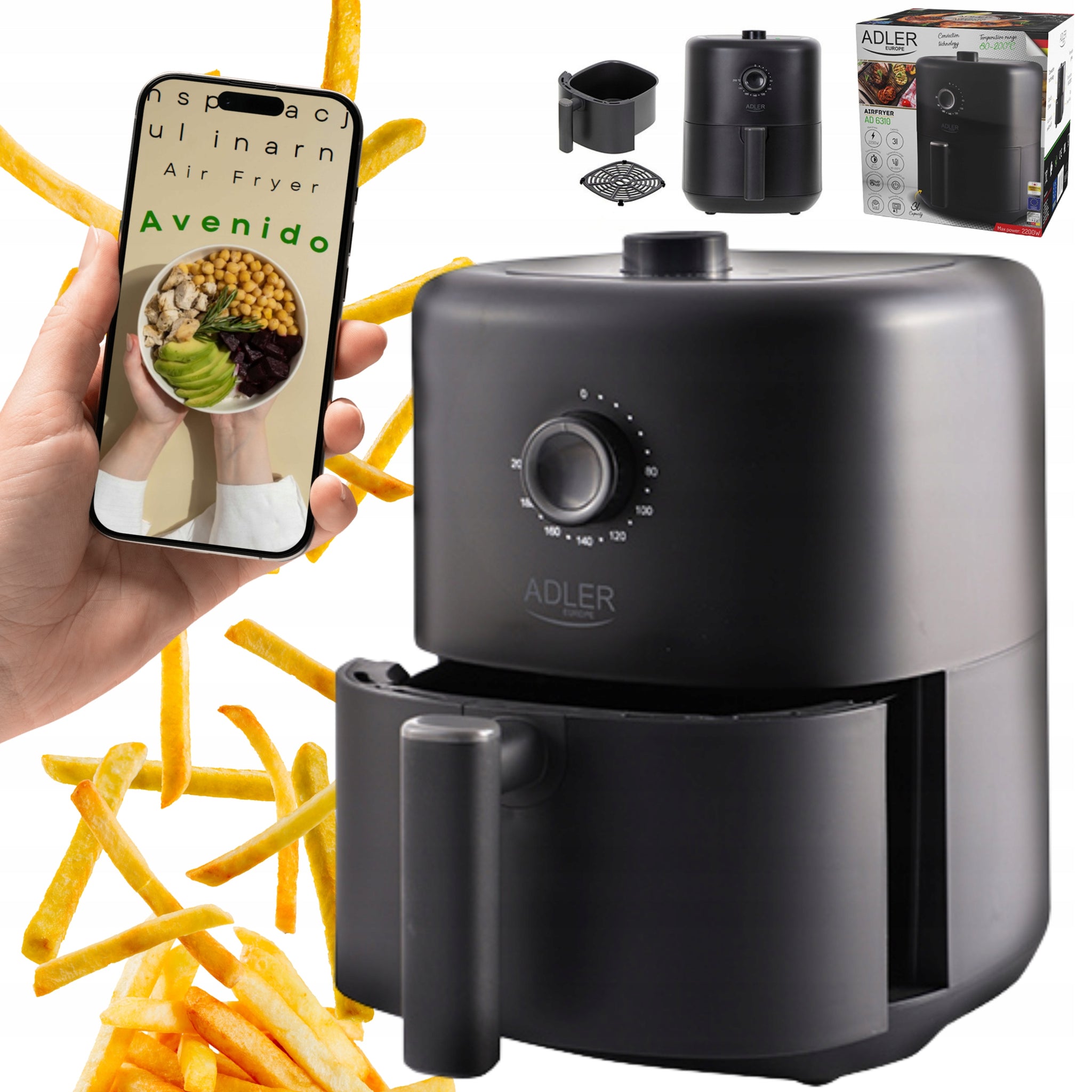 Bebalsis gruzdintuvė Air Fryer 3.0L, galinga 2200W Adler AD6310