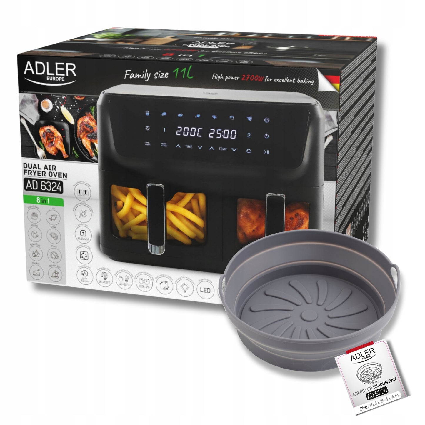 Adler Dvikamerė Oro Gruzdintuvė 11L 2700W 8 programų