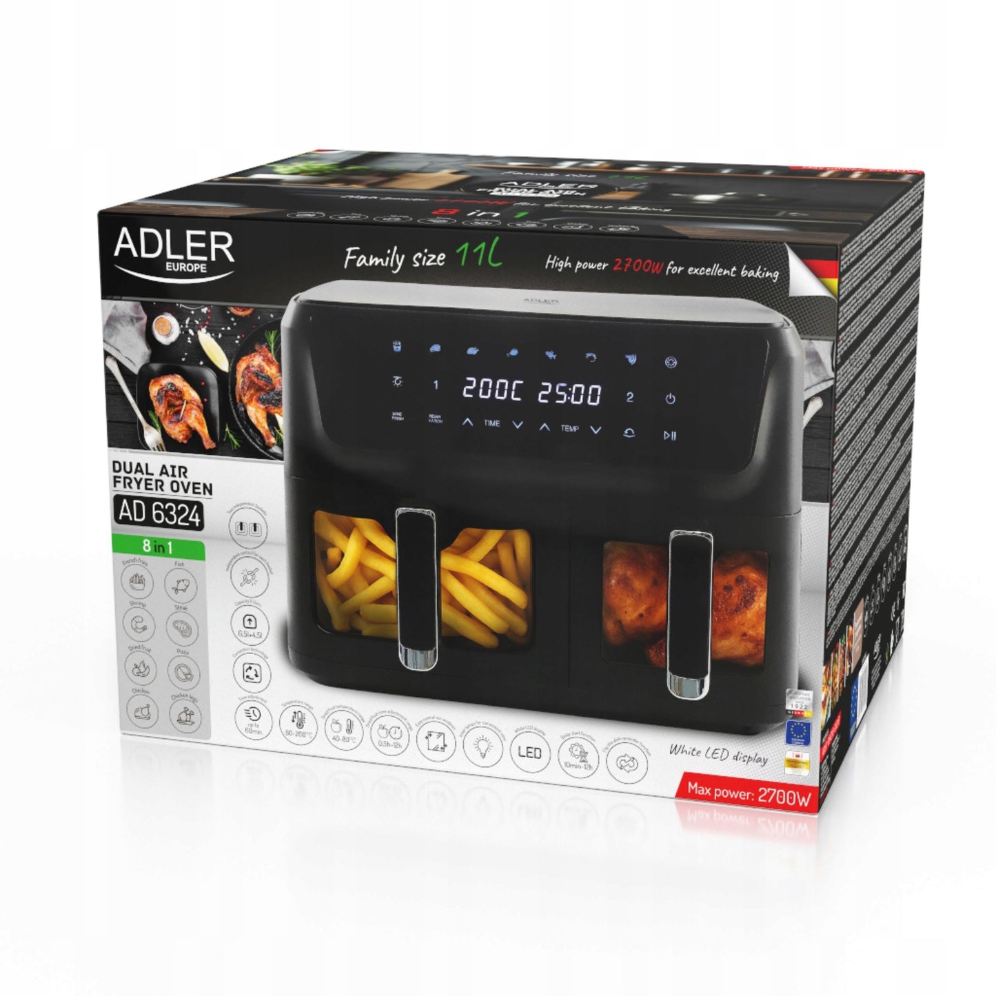 Adler Dvikamerė Oro Gruzdintuvė 11L 2700W 8 programų