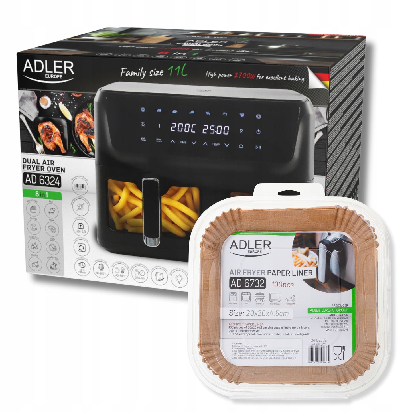 Adler Dvikamerė Oro Gruzdintuvė 11L 2700W 8 programų