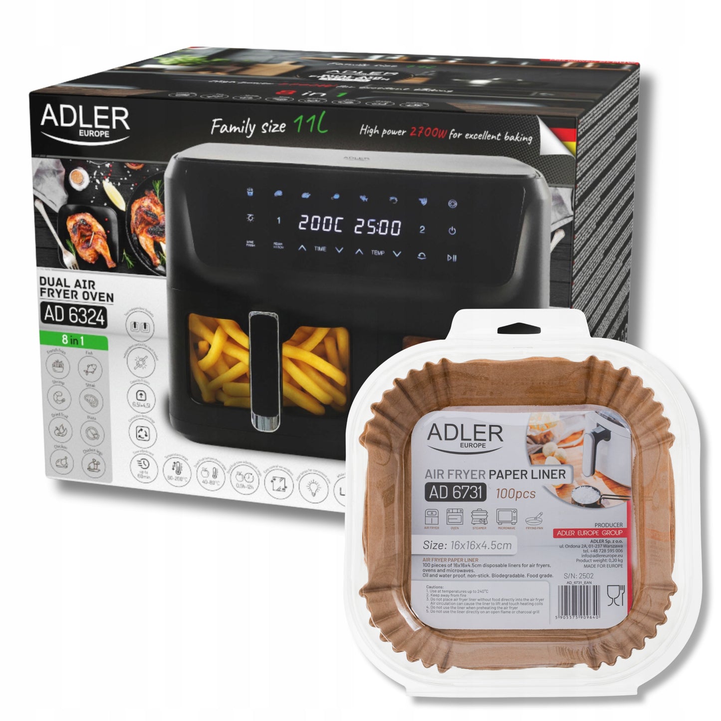 Adler Dvikamerė Oro Gruzdintuvė 11L 2700W 8 programų