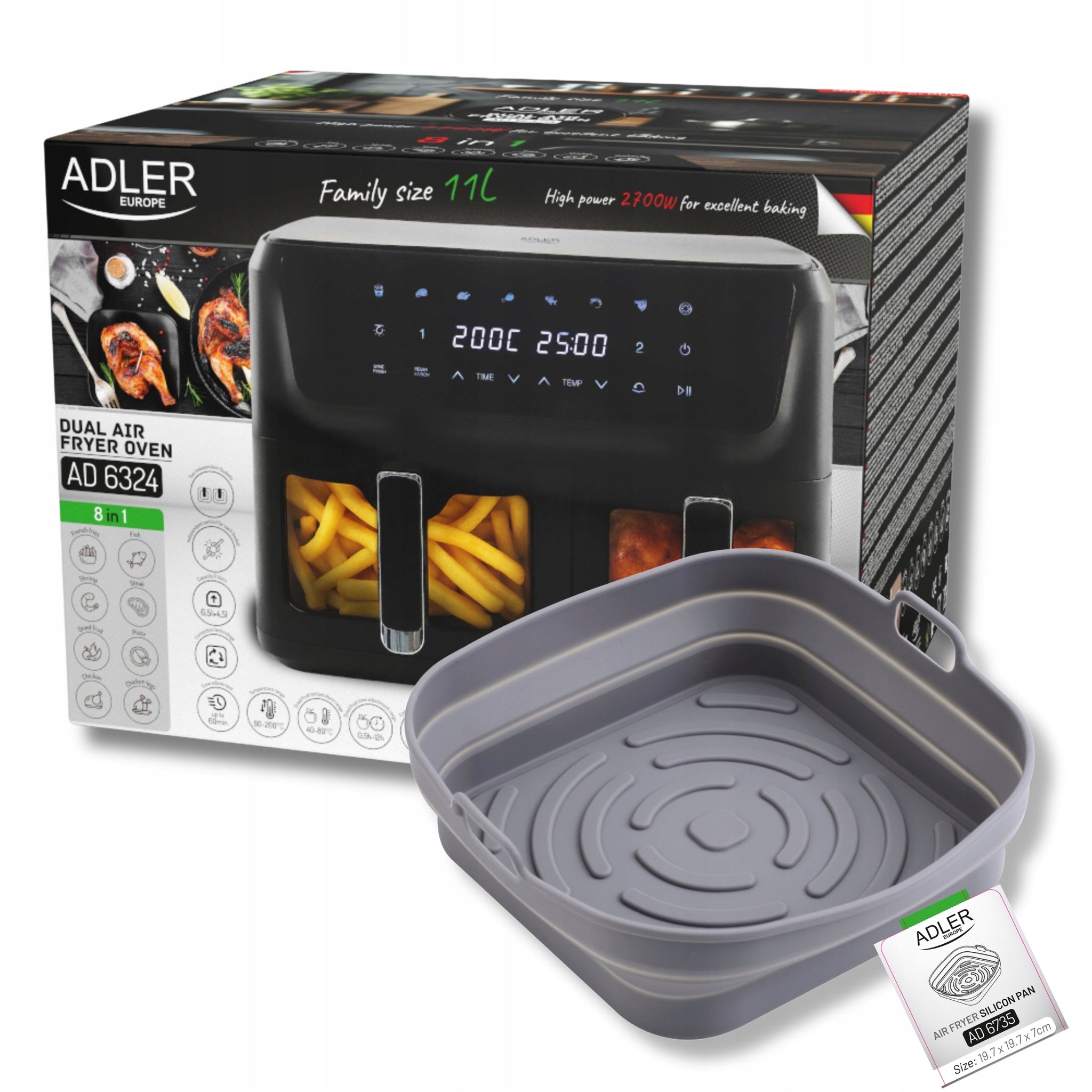 Adler Dvikamerė Oro Gruzdintuvė 11L 2700W 8 programų