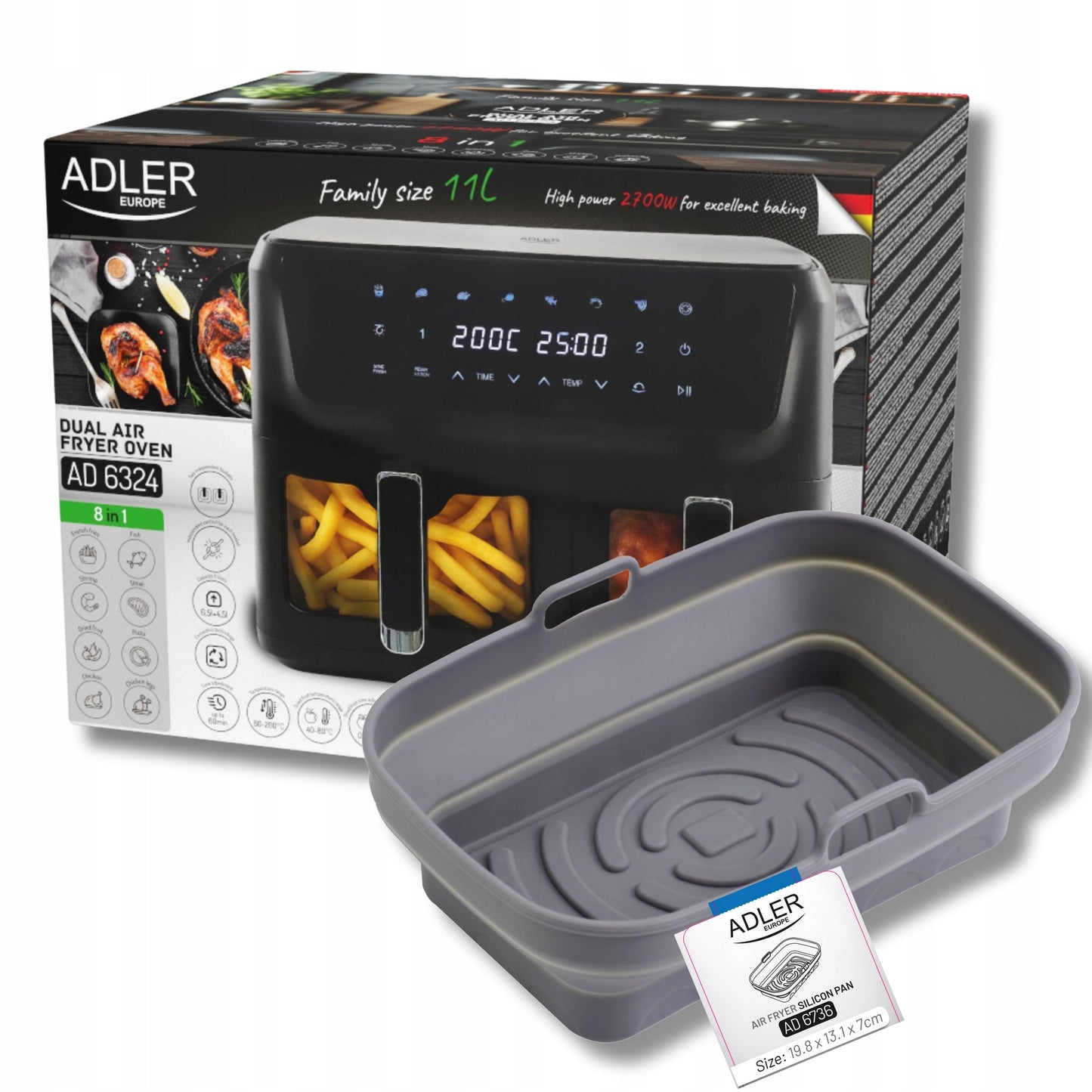 Adler Dvikamerė Oro Gruzdintuvė 11L 2700W 8 programų