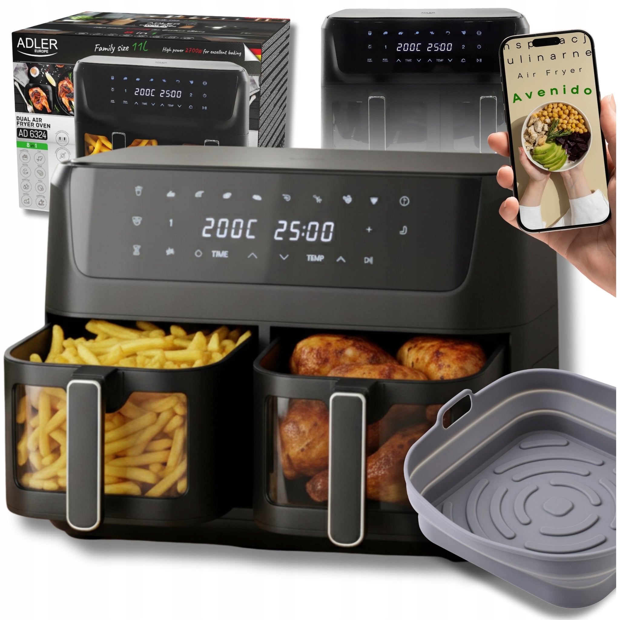 Adler Dvikamerė Oro Gruzdintuvė 11L 2700W 8 programų