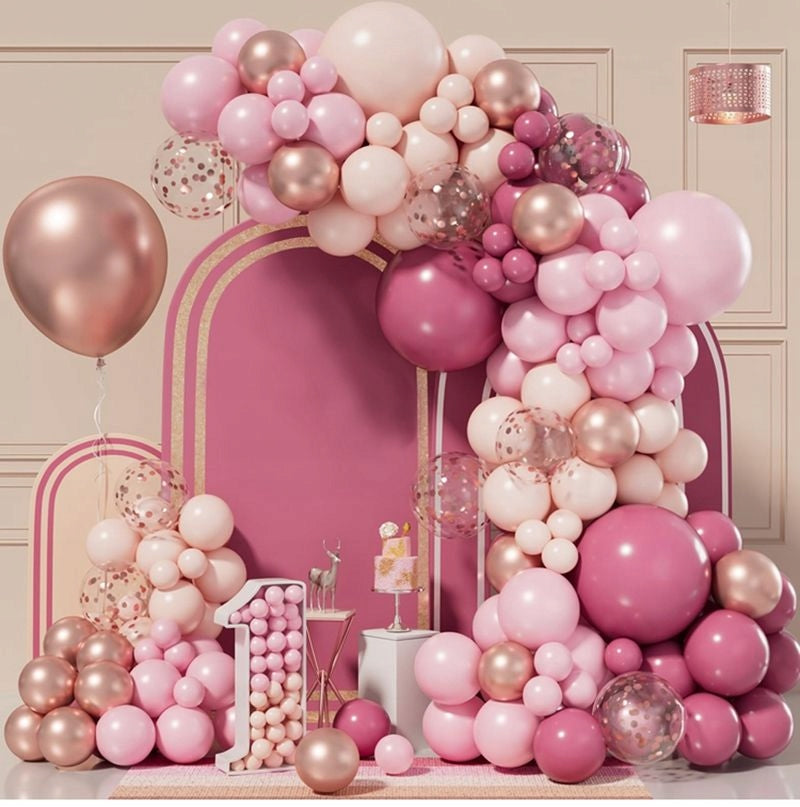 ROŽINĖ BALIONŲ GIRLIANDA VESTUVĖMS, GIMTADIENIUI, KŪDIKIO VAKARĖLIUI, METINUKUI, DEKORACIJA