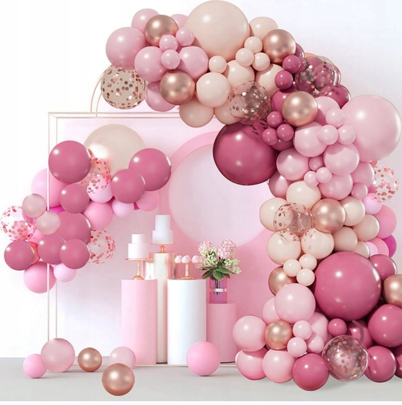 ROŽINĖ BALIONŲ GIRLIANDA VESTUVĖMS, GIMTADIENIUI, KŪDIKIO VAKARĖLIUI, METINUKUI, DEKORACIJA