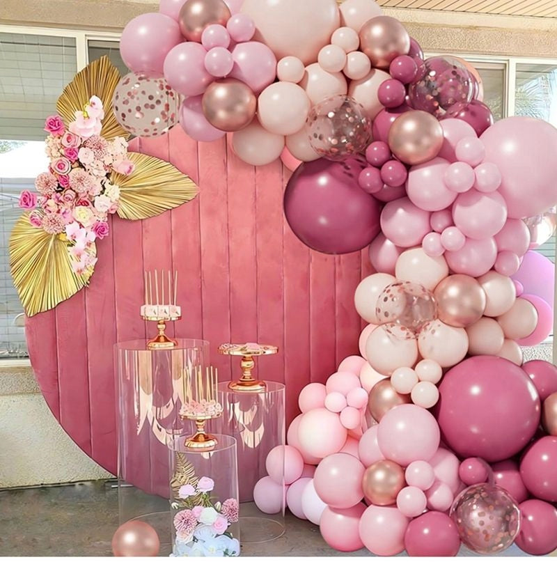 ROŽINĖ BALIONŲ GIRLIANDA VESTUVĖMS, GIMTADIENIUI, KŪDIKIO VAKARĖLIUI, METINUKUI, DEKORACIJA