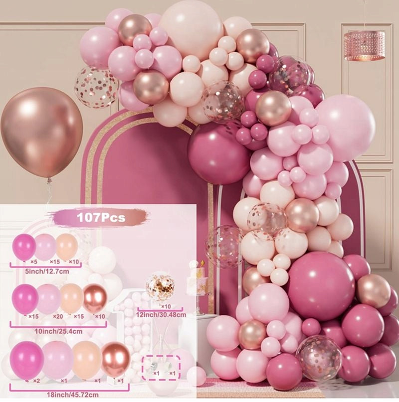 ROŽINĖ BALIONŲ GIRLIANDA VESTUVĖMS, GIMTADIENIUI, KŪDIKIO VAKARĖLIUI, METINUKUI, DEKORACIJA