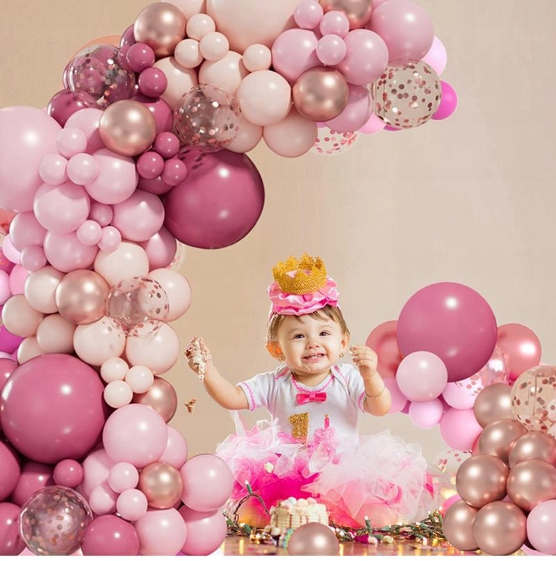 ROŽINĖ BALIONŲ GIRLIANDA VESTUVĖMS, GIMTADIENIUI, KŪDIKIO VAKARĖLIUI, METINUKUI, DEKORACIJA