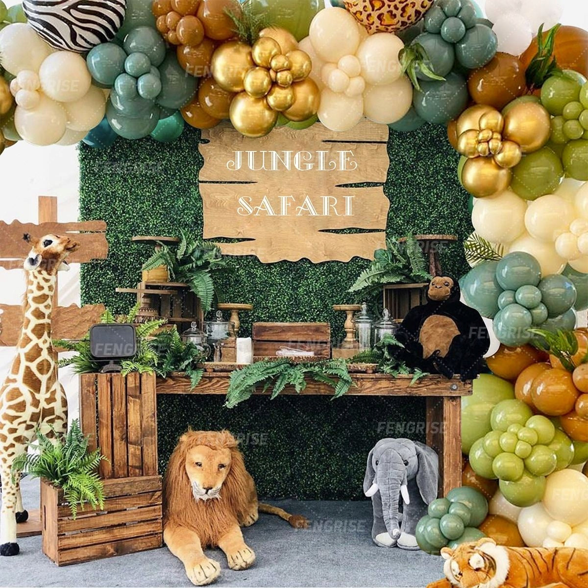 ŽALIO-AUKSINĖ BALIONŲ GIRLIANDA BERNIOKUI SAFARI ZOO PIRMI metukai GIMTADIENIO BOHO