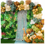 ŽALIO-AUKSINĖ BALIONŲ GIRLIANDA BERNIOKUI SAFARI ZOO PIRMI metukai GIMTADIENIO BOHO