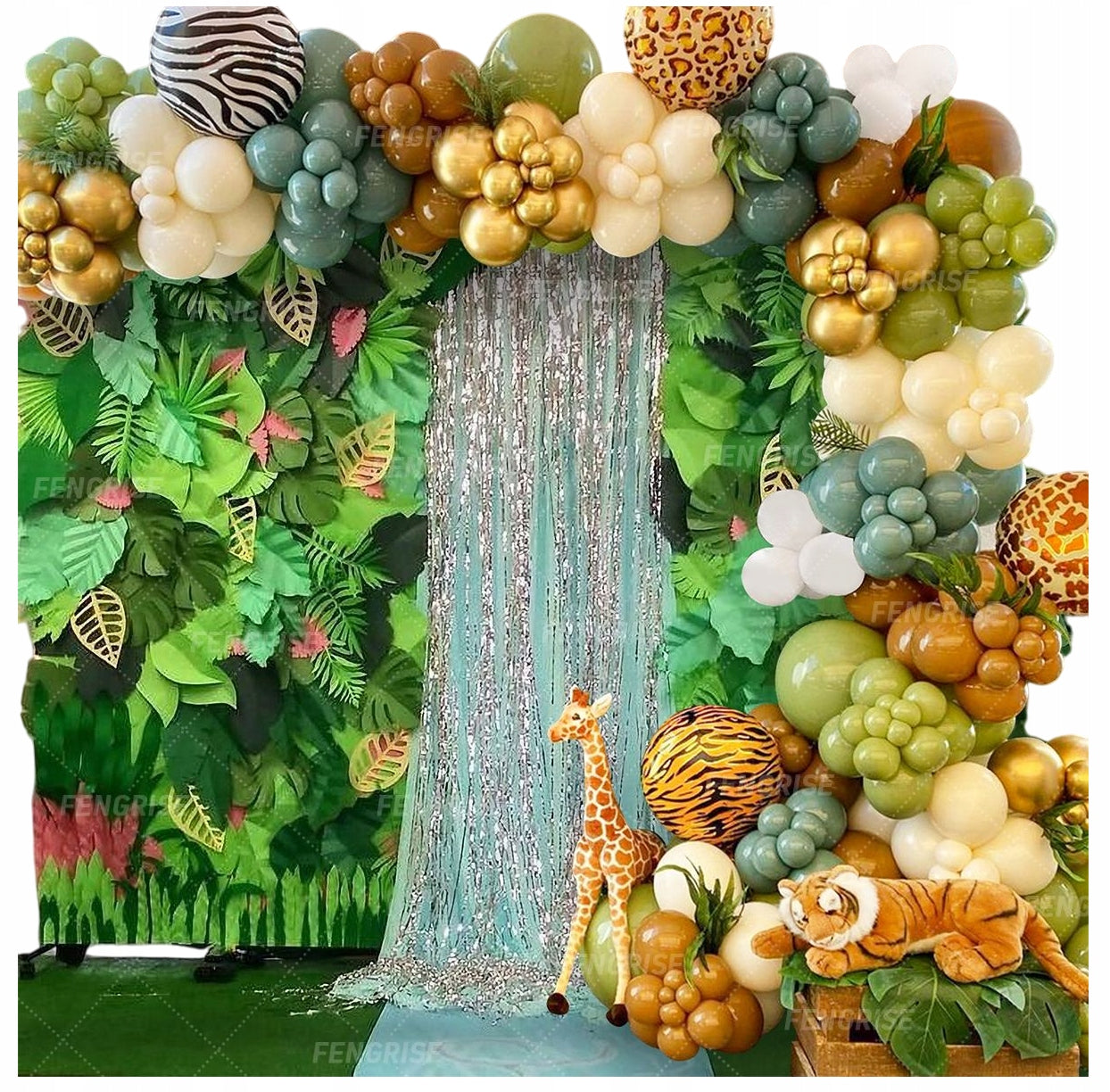 ŽALIO-AUKSINĖ BALIONŲ GIRLIANDA BERNIOKUI SAFARI ZOO PIRMI metukai GIMTADIENIO BOHO