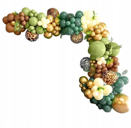 ŽALIO-AUKSINĖ BALIONŲ GIRLIANDA BERNIOKUI SAFARI ZOO PIRMI metukai GIMTADIENIO BOHO