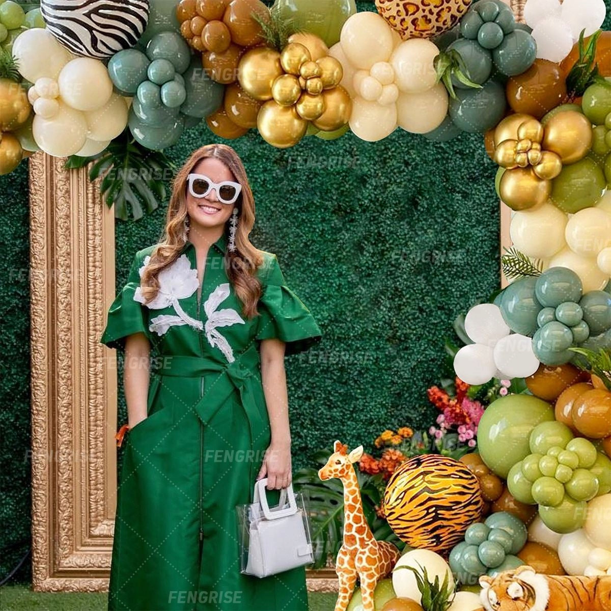 ŽALIO-AUKSINĖ BALIONŲ GIRLIANDA BERNIOKUI SAFARI ZOO PIRMI metukai GIMTADIENIO BOHO