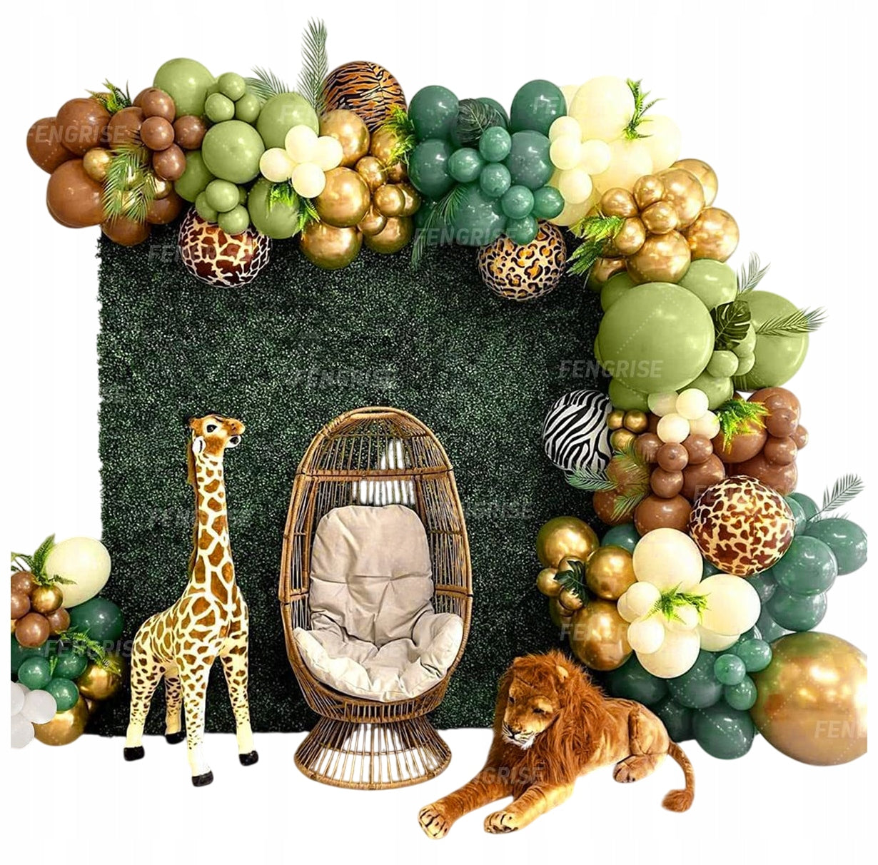 ŽALIO-AUKSINĖ BALIONŲ GIRLIANDA BERNIOKUI SAFARI ZOO PIRMI metukai GIMTADIENIO BOHO