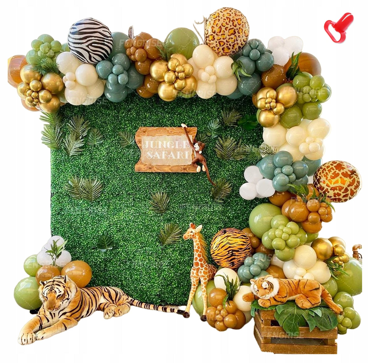ŽALIO-AUKSINĖ BALIONŲ GIRLIANDA BERNIOKUI SAFARI ZOO PIRMI metukai GIMTADIENIO BOHO