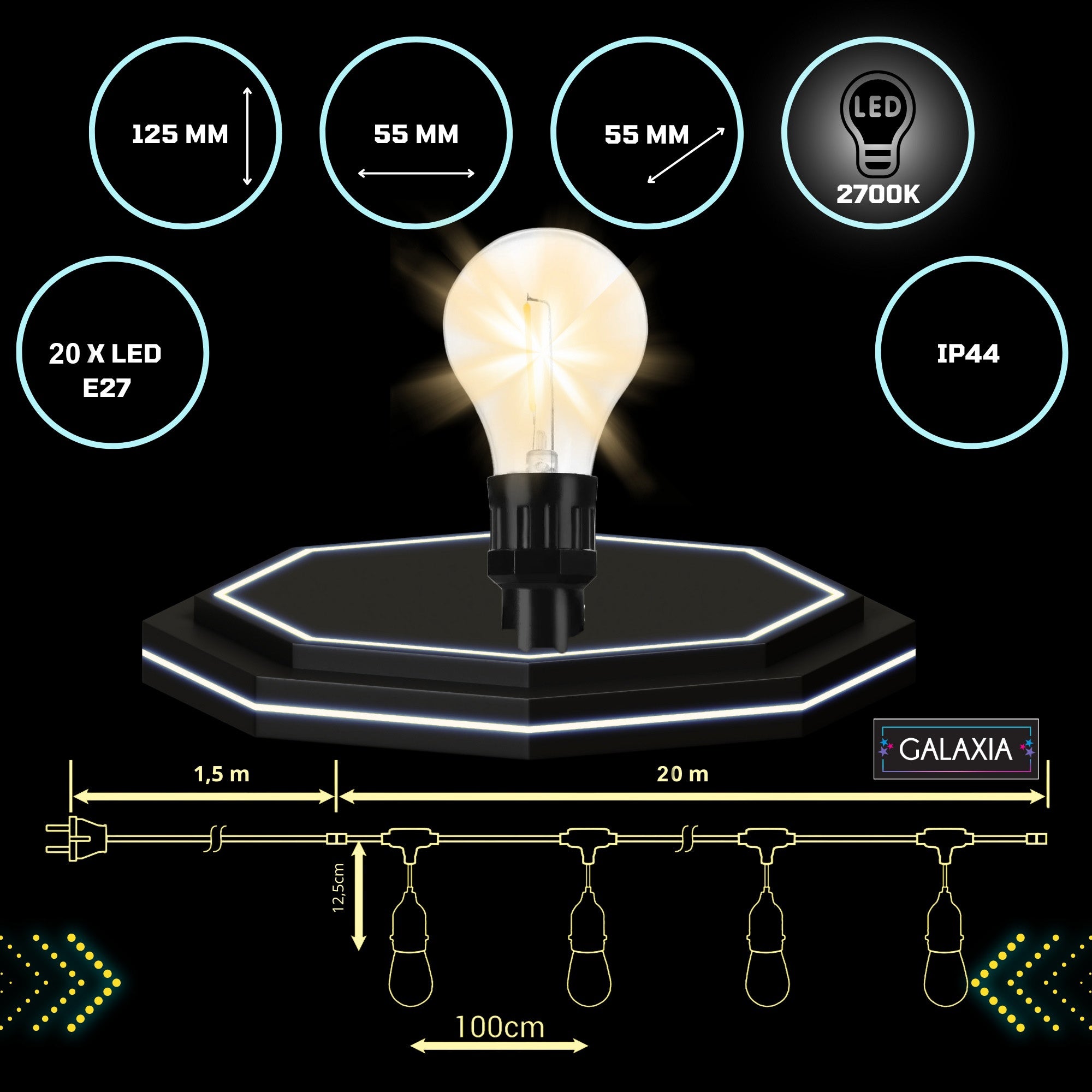 LAUKO GIRGLANDA 20m 20 LED LEMPUTĖS 230V (ELEKTROS SROVĖ)