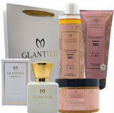 GLANTIER Išskirtinis 585 rinkinys: aukščiausios kokybės kvepalai, pilingas, aliejus, balzamas, rankinė
