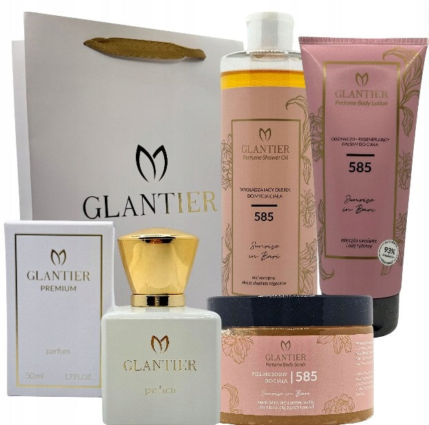 GLANTIER Išskirtinis 585 rinkinys: aukščiausios kokybės kvepalai, pilingas, aliejus, balzamas, rankinė