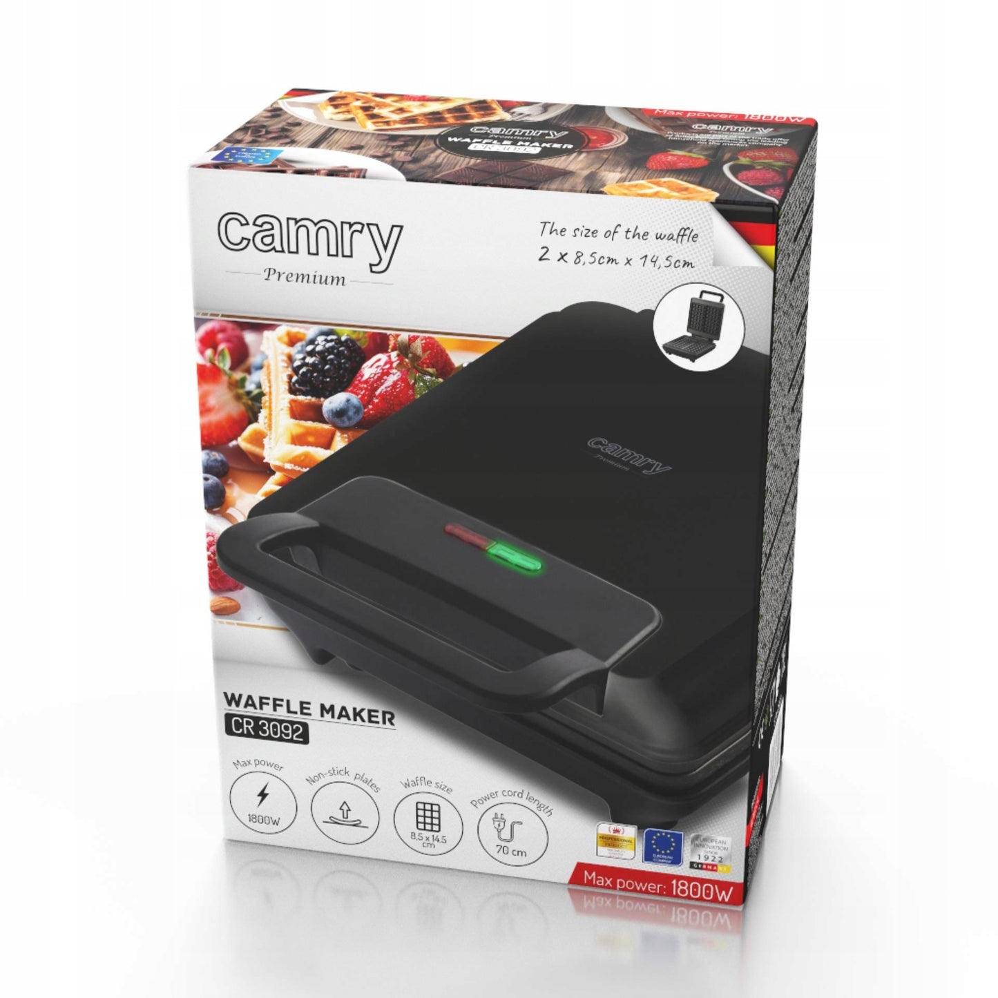 Gofravimo aparatas 1800W XXL dviem dideliems vafliais, nelipni danga, galingas Camry CR3092 juodas