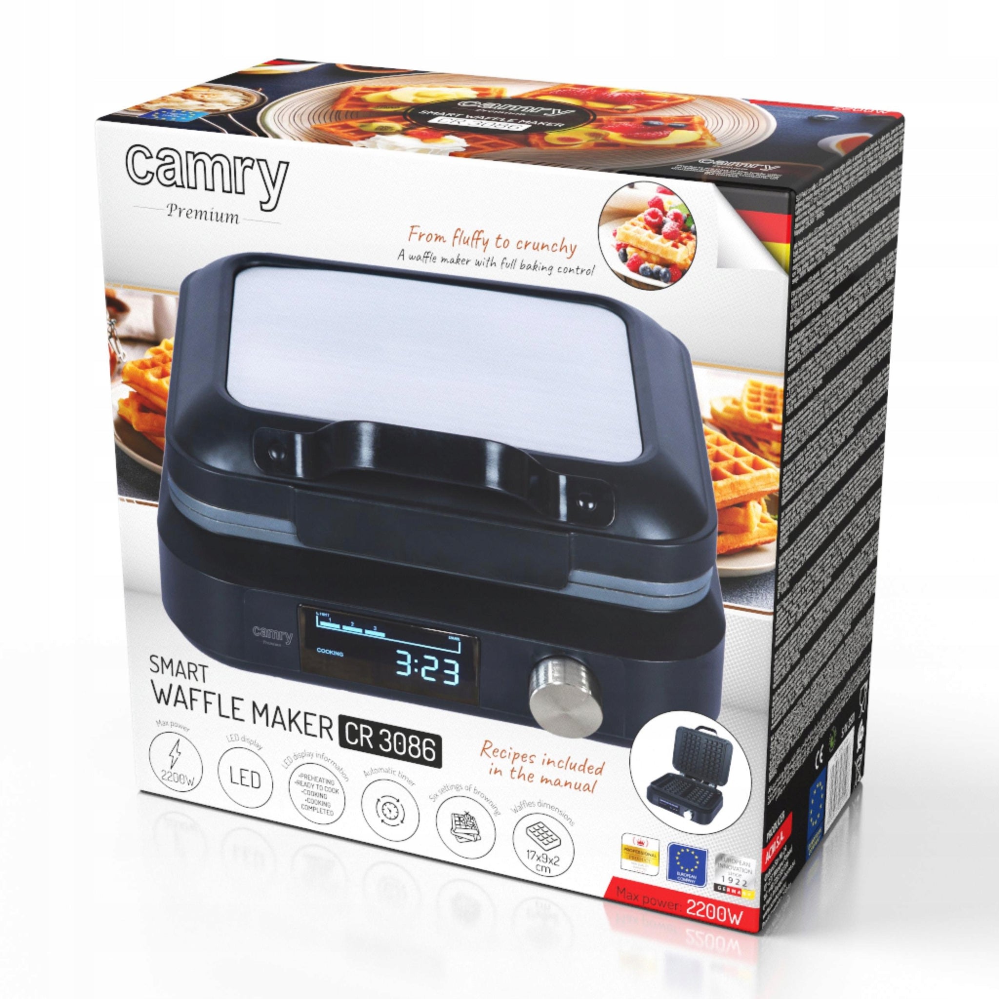 Vaflių keptuvė 2200W, 2 XXL vafliai, su laikmačiu, gilios plokštės, reguliuojama, nelipni danga