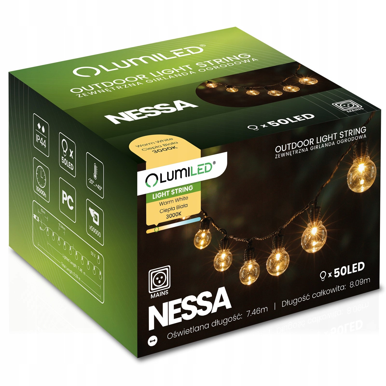 Lauko Girlianda Lauko Grandinėlė Dekoratyvinė 50x LED LEMPUTĖ 8m