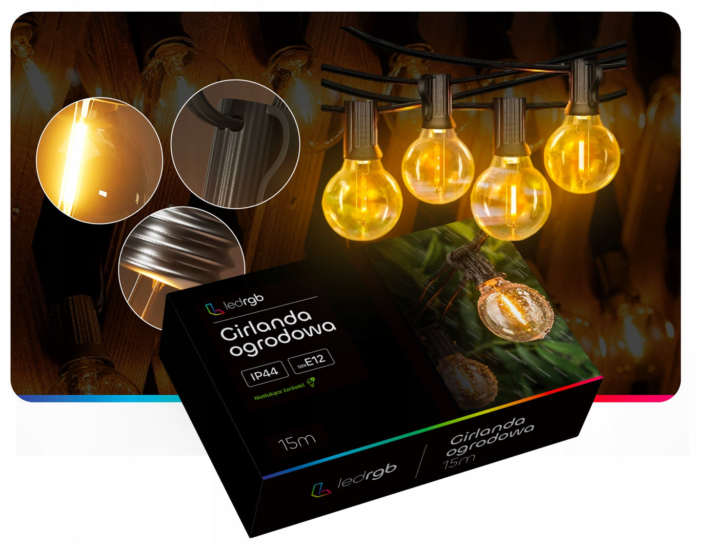 LED girlianda 30m 100+4 lemputės sodo terasos LED grandinėlė IP44