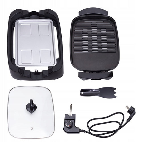 Galingas 3000W elektrinis grilis su stikliniu dangčiu, plokščia ir briaunota