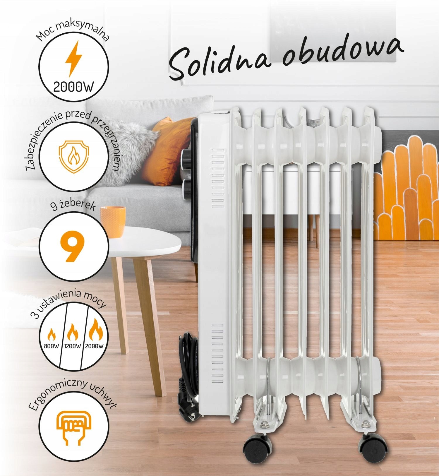 Aliejaus radiatorius 9 sekcijų OLEJAK 2000W su ratukais Adler AD 7816