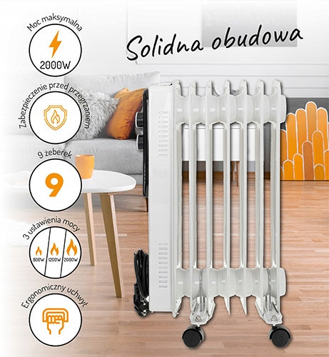 Aliejaus radiatorius 9 sekcijų OLEJAK 2000W su ratukais Adler AD 7816