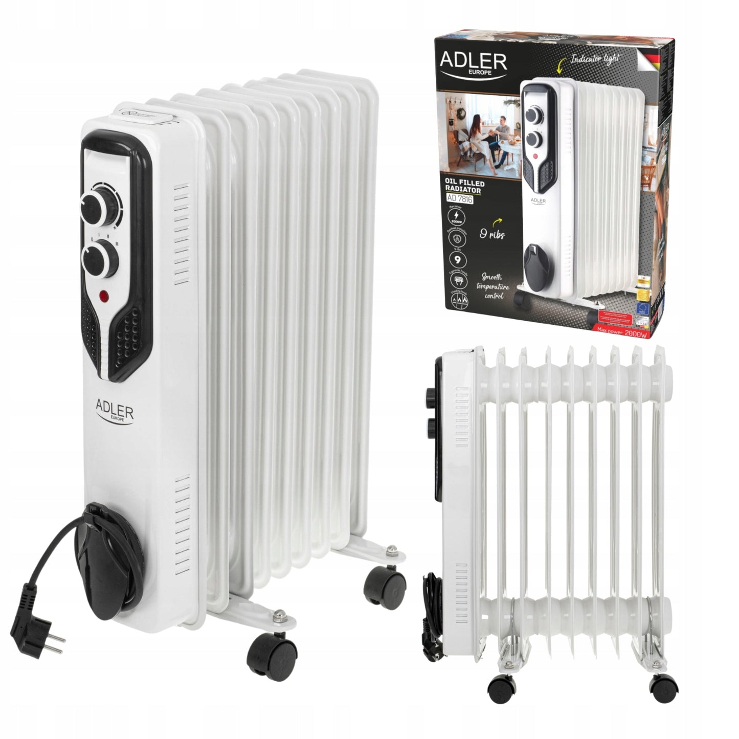 Aliejaus radiatorius 9 sekcijų OLEJAK 2000W su ratukais Adler AD 7816