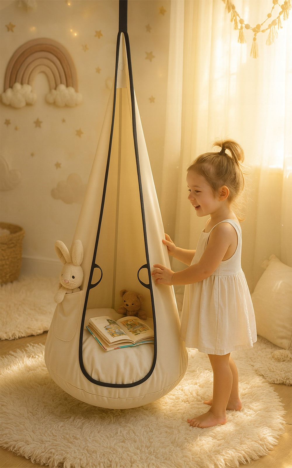 Sūpuoklės KOKON VELVET vaikams, pakabinama kėdė, pakabinamas fotelis SMĖLINĖS