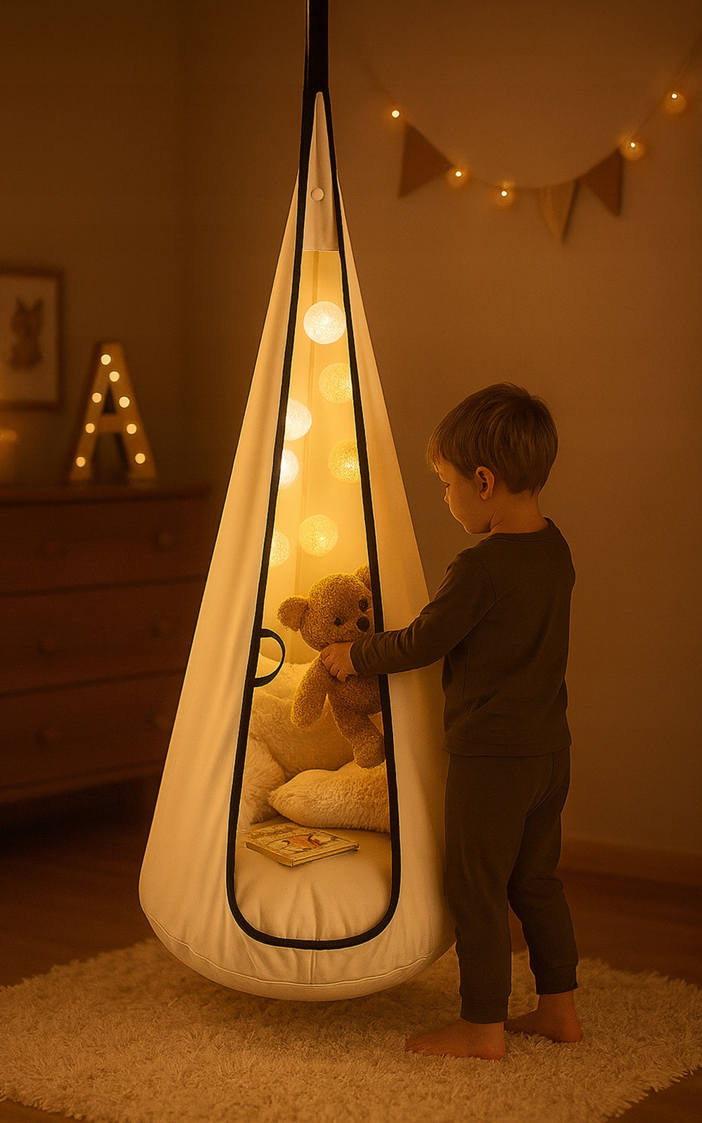 Sūpuoklės KOKON VELVET vaikams, pakabinama kėdė, pakabinamas fotelis SMĖLINĖS