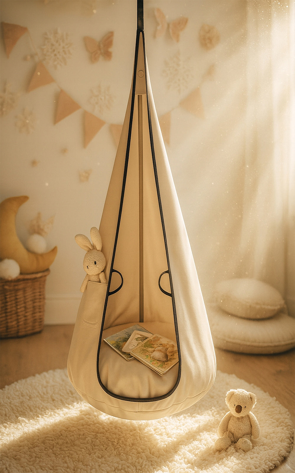 Sūpuoklės KOKON VELVET vaikams, pakabinama kėdė, pakabinamas fotelis SMĖLINĖS