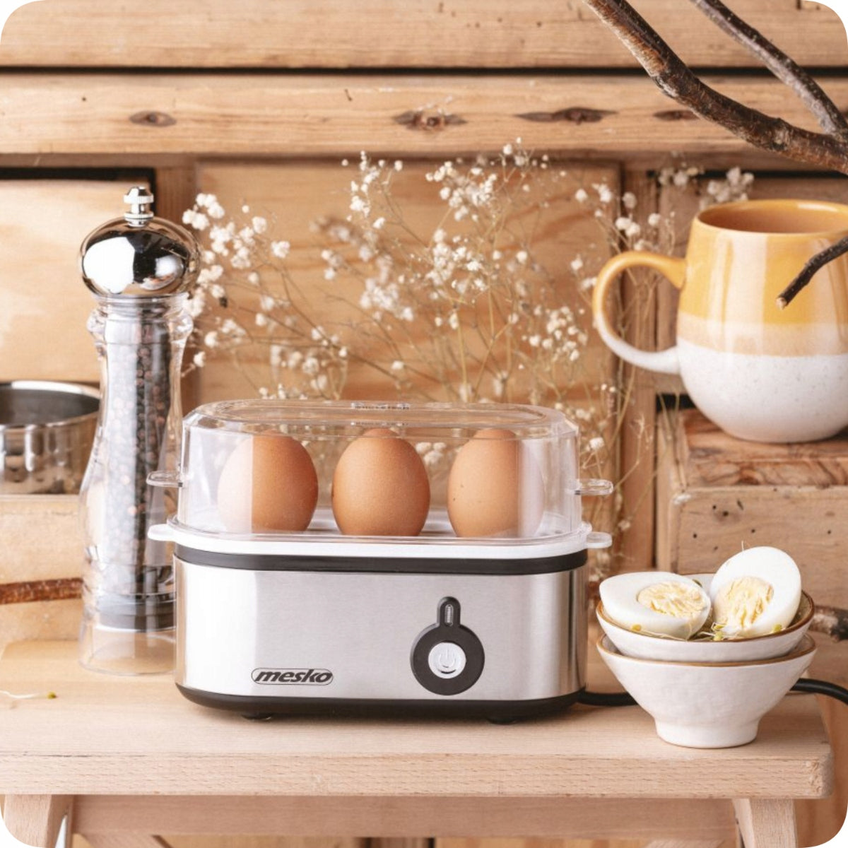 Elektrinis kiaušinių virintuvas 3 kiaušiniams, 3 kietumo lygiai: minkštai, vidutiniškai, kietai