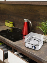 Kiaušinių viryklė 8 kiaušiniams, 3 kietumo lygiai: minkšti, vidutiniškai kieti, kieti