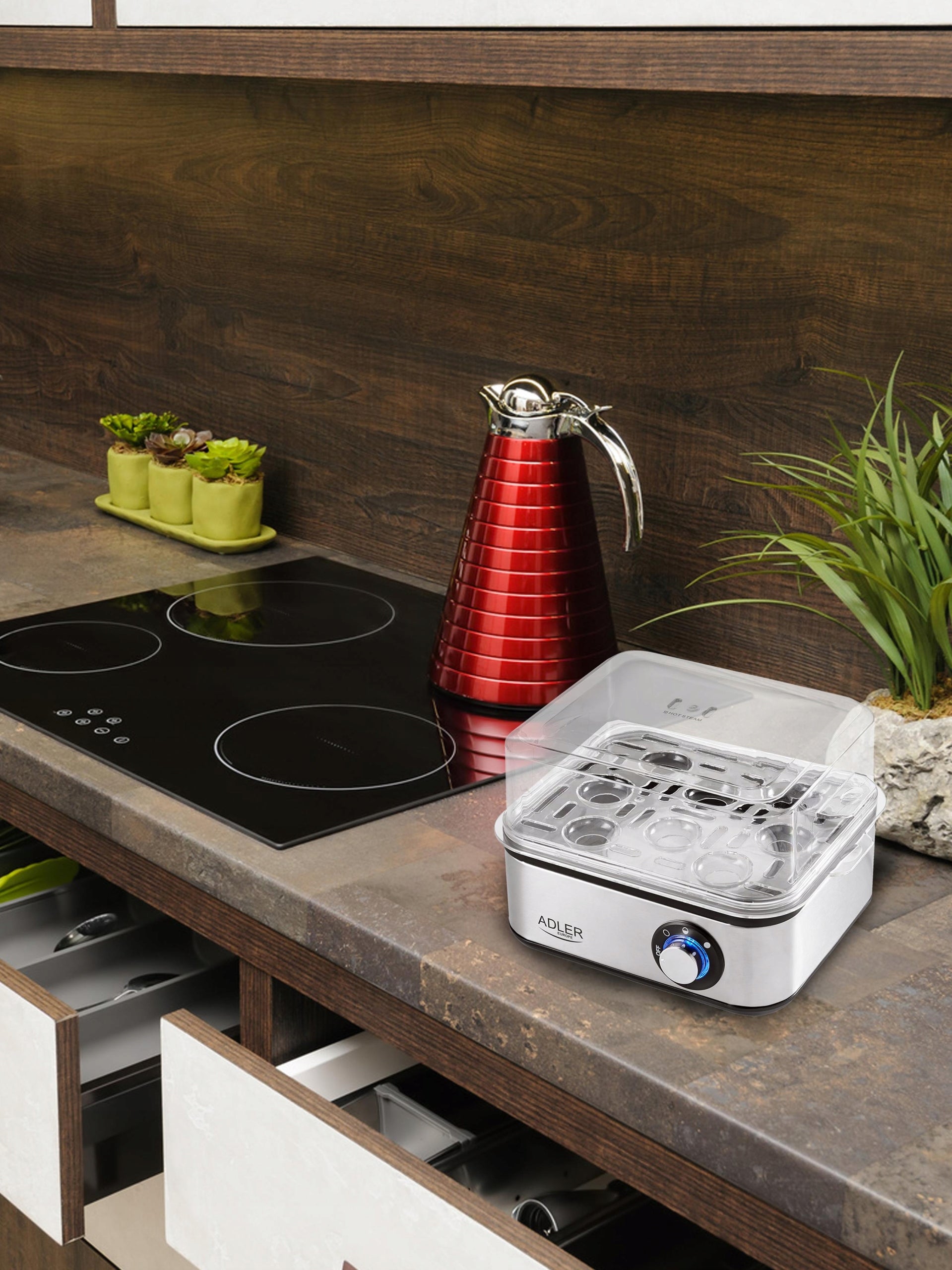 Kiaušinių viryklė 8 kiaušiniams, 3 kietumo lygiai: minkšti, vidutiniškai kieti, kieti