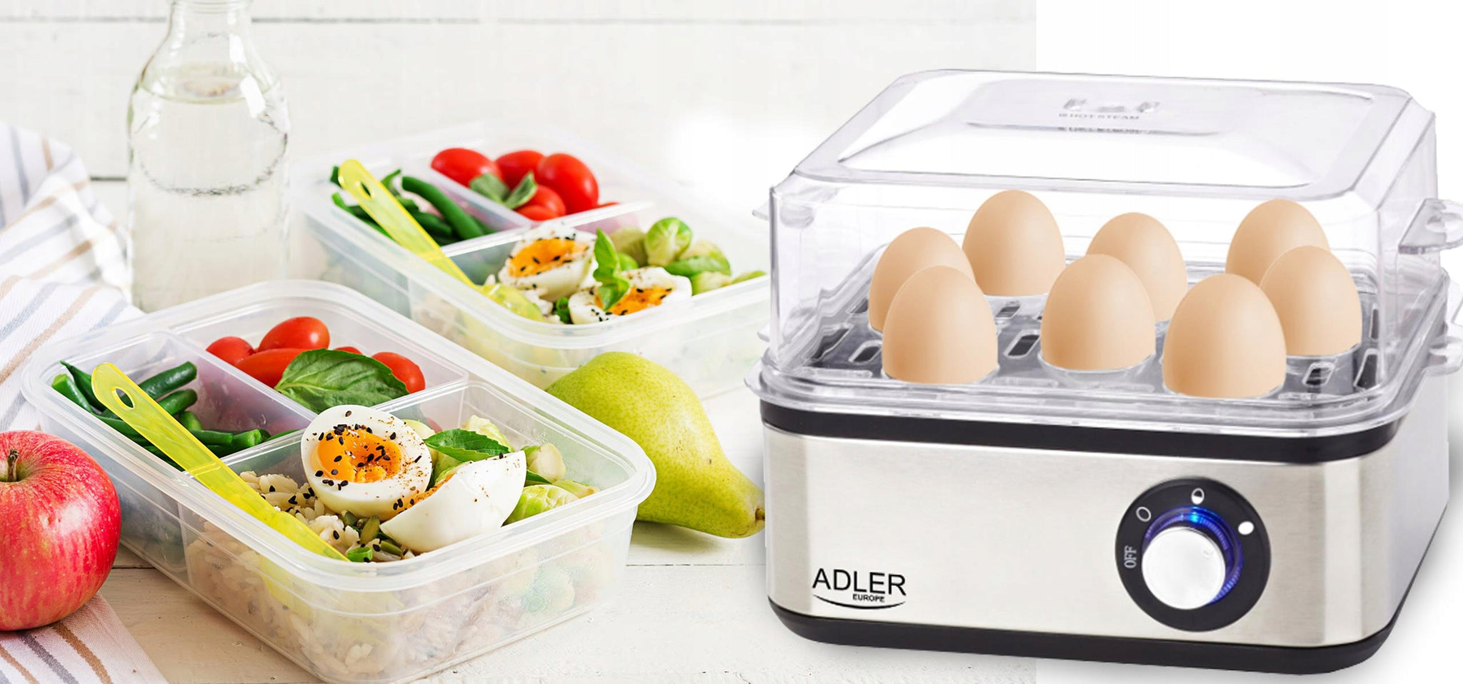 Kiaušinių viryklė 8 kiaušiniams, 3 kietumo lygiai: minkšti, vidutiniškai kieti, kieti