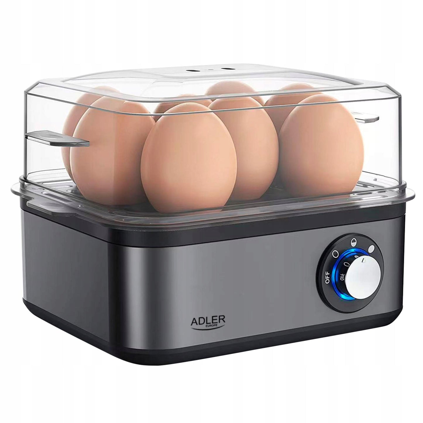 Kiaušinių viryklė 8 kiaušiniams, 3 kietumo lygiai: minkšti, vidutiniškai kieti, kieti