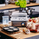 Kiaušinių viryklė 8 kiaušiniams, 3 kietumo lygiai: minkšti, vidutiniškai kieti, kieti