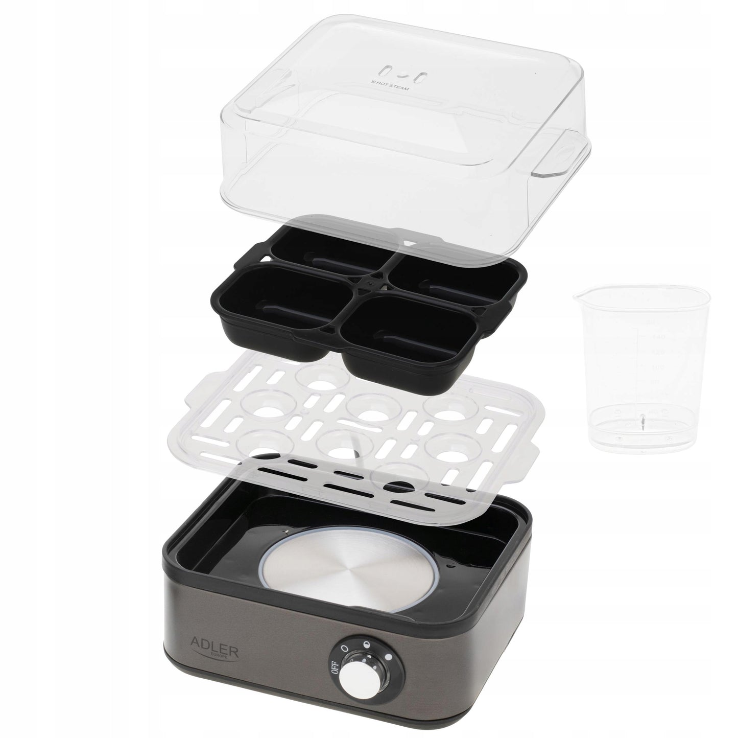 Kiaušinių viryklė 8 kiaušiniams, 3 kietumo lygiai: minkšti, vidutiniškai kieti, kieti