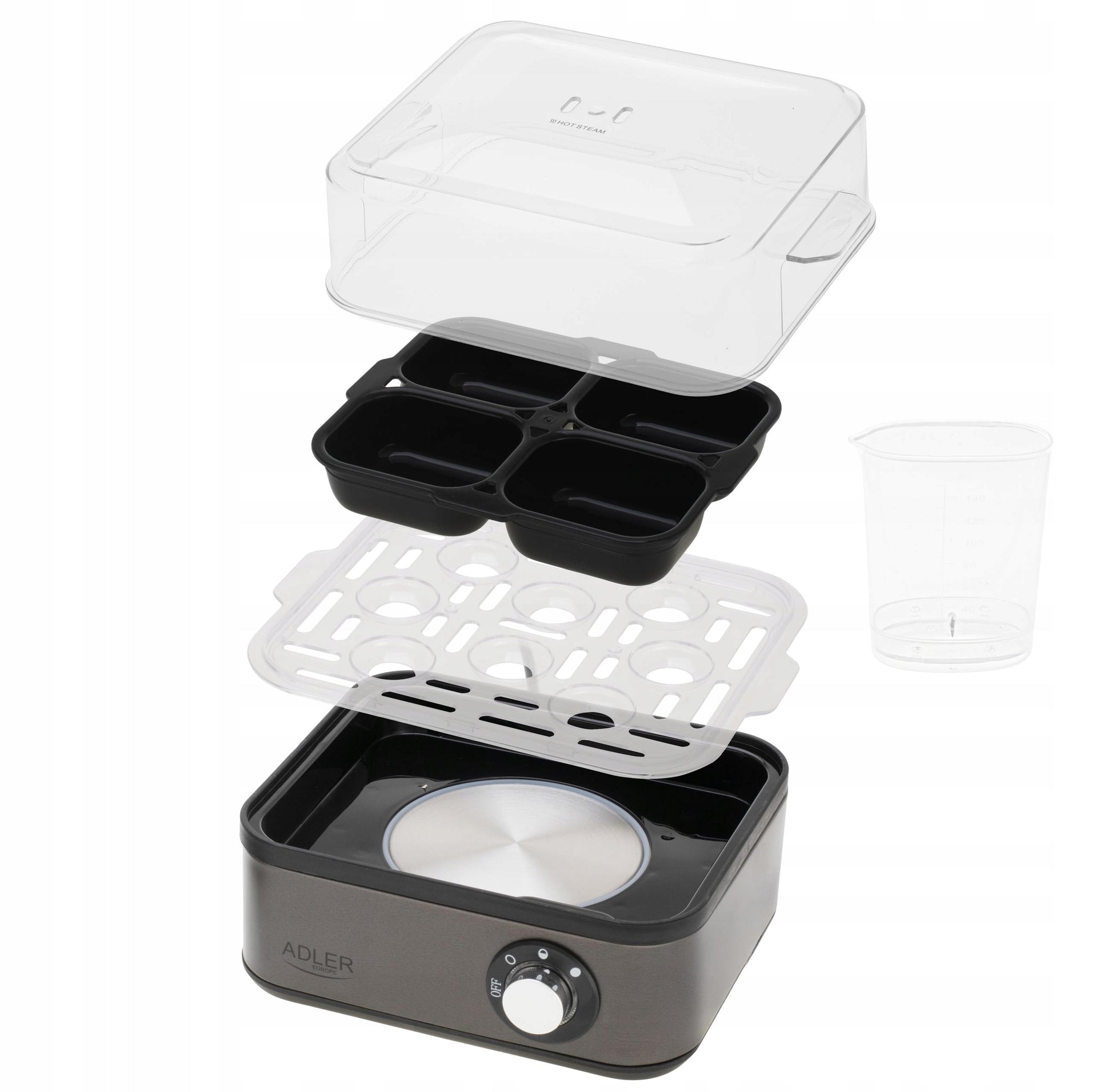 Kiaušinių viryklė 8 kiaušiniams, 3 kietumo lygiai: minkšti, vidutiniškai kieti, kieti