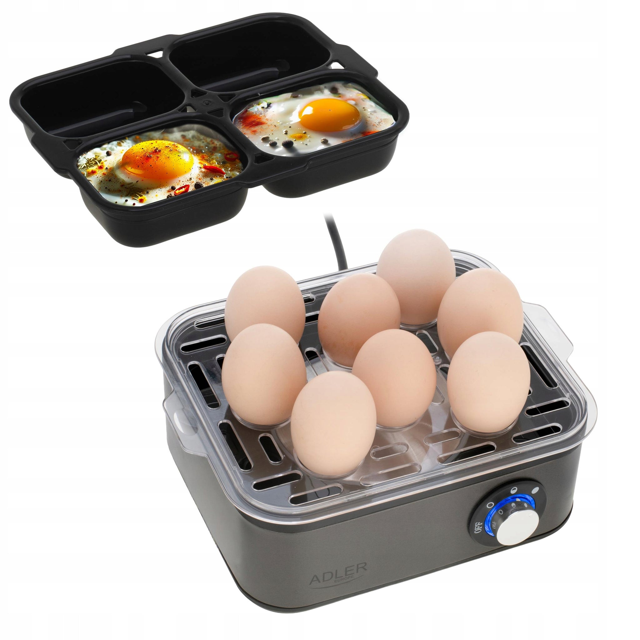 Kiaušinių viryklė 8 kiaušiniams, 3 kietumo lygiai: minkšti, vidutiniškai kieti, kieti