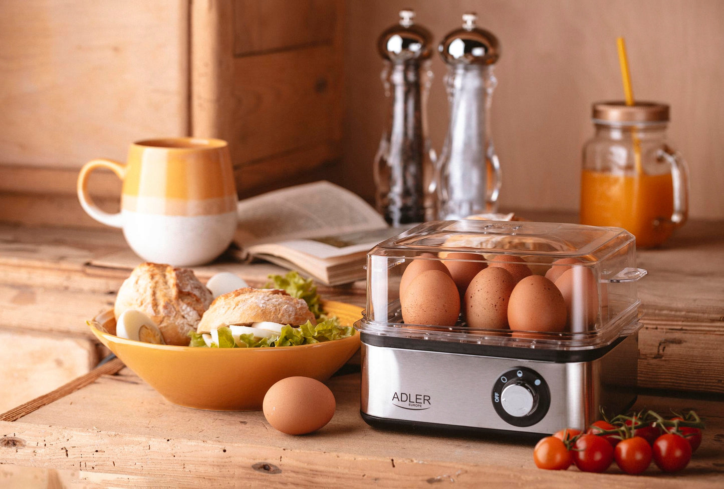 Kiaušinių viryklė 8 kiaušiniams, 3 kietumo lygiai: minkšti, vidutiniškai kieti, kieti