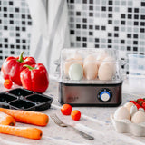 Kiaušinių viryklė 8 kiaušiniams, 3 kietumo lygiai: minkšti, vidutiniškai kieti, kieti