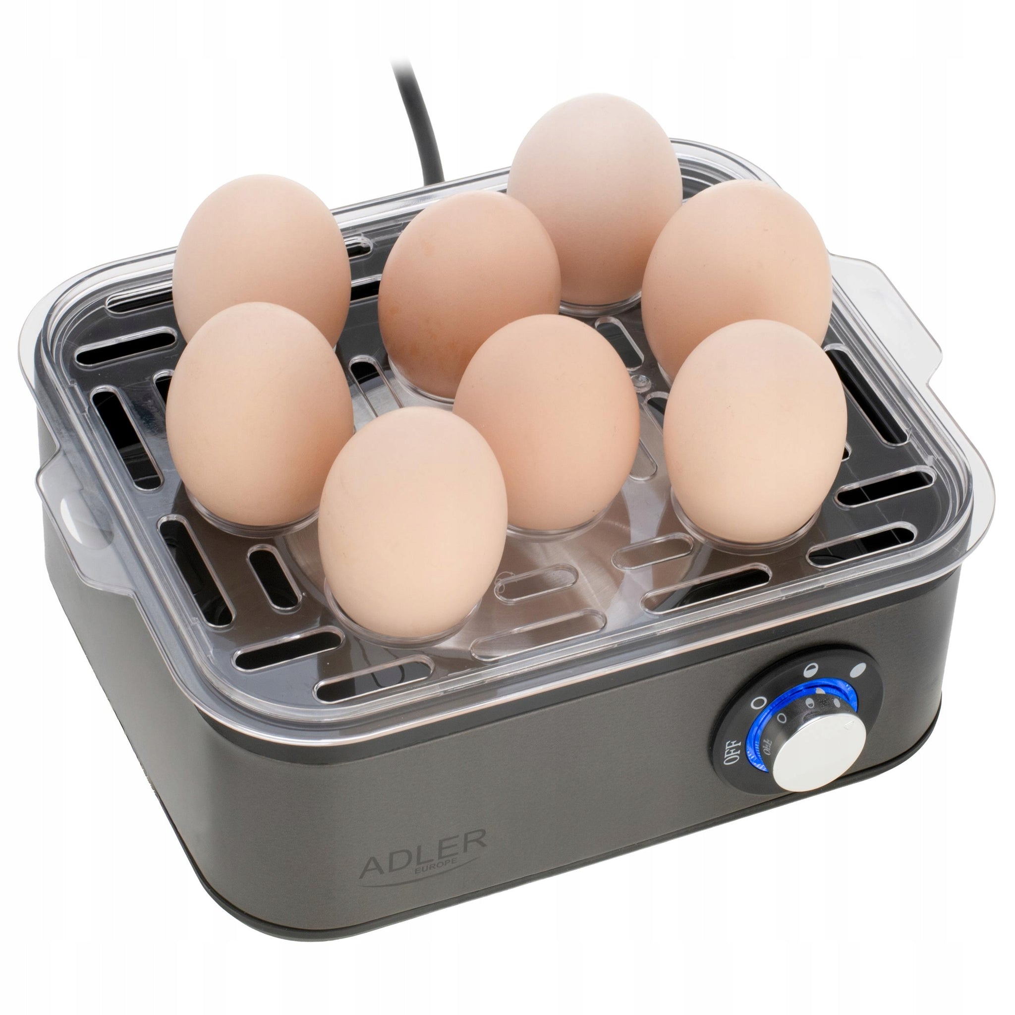 Kiaušinių viryklė 8 kiaušiniams, 3 kietumo lygiai: minkšti, vidutiniškai kieti, kieti