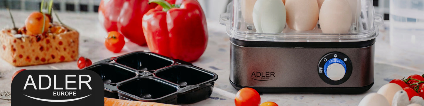 Kiaušinių viryklė 8 kiaušiniams, 3 kietumo lygiai: minkšti, vidutiniškai kieti, kieti