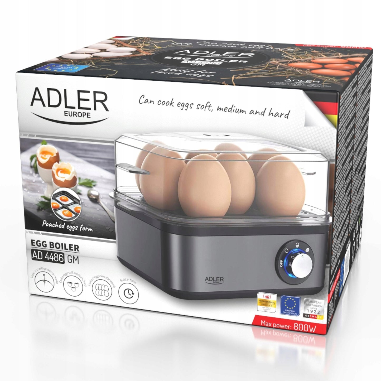 Kiaušinių viryklė 8 kiaušiniams, 3 kietumo lygiai: minkšti, vidutiniškai kieti, kieti